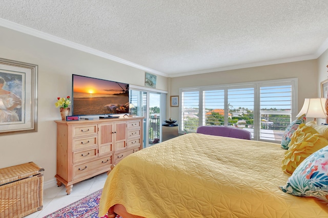 tiled bedroom with crown molding and a textured ceiling