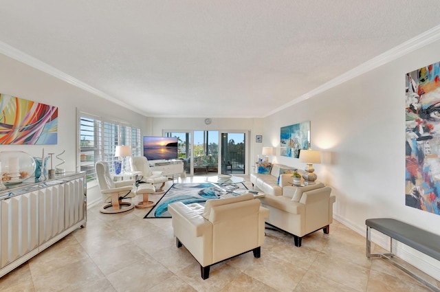 living room featuring a textured ceiling, plenty of natural light, and crown molding