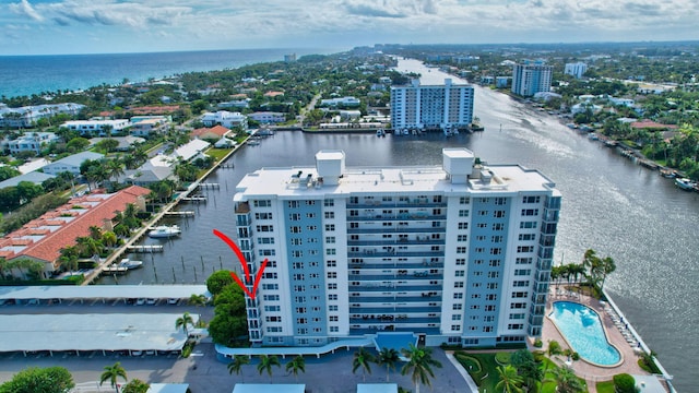 bird's eye view with a water view