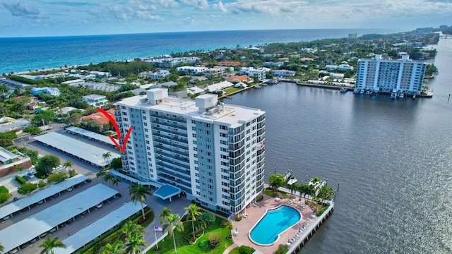 aerial view featuring a water view