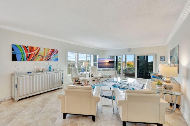 living room with a textured ceiling and crown molding