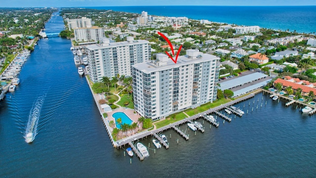 drone / aerial view with a water view