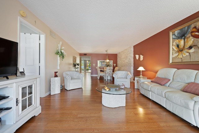 living room featuring hardwood / wood-style floors and a textured ceiling