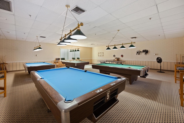 game room featuring dark colored carpet, a drop ceiling, and pool table