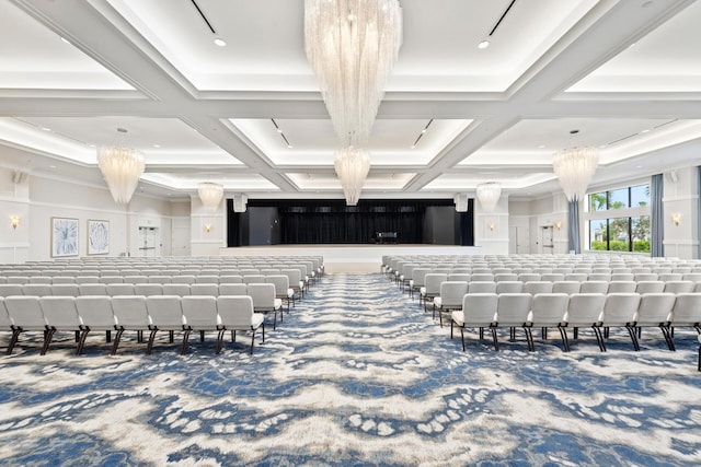 miscellaneous room with beamed ceiling, a notable chandelier, carpet floors, and coffered ceiling