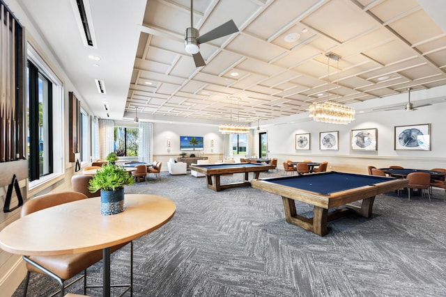 playroom featuring carpet flooring, ceiling fan, and pool table