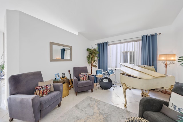 tiled living room with vaulted ceiling