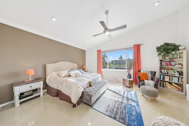 bedroom with lofted ceiling, ceiling fan, and crown molding