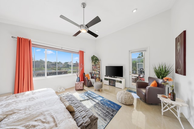 tiled bedroom with ceiling fan