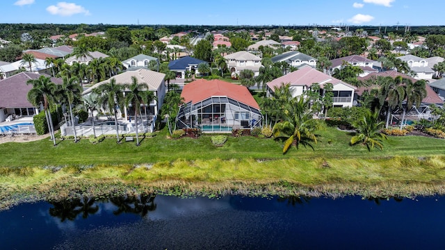 drone / aerial view featuring a water view