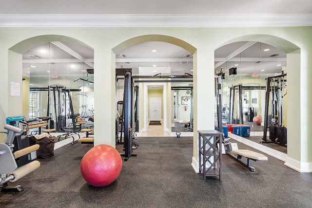 gym with crown molding