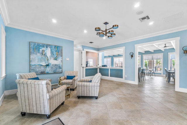 tiled living room featuring crown molding and ceiling fan