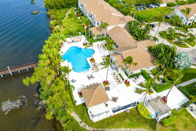 birds eye view of property featuring a water view