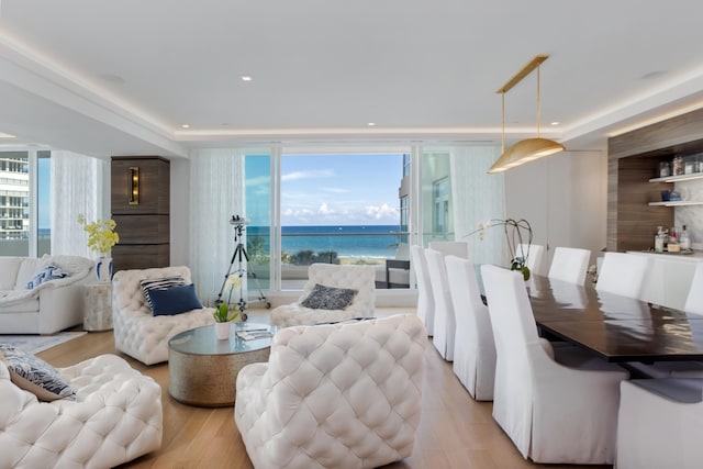 living room featuring light wood-type flooring, a water view, and a raised ceiling