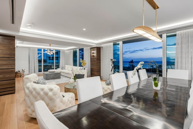 dining area with expansive windows, a raised ceiling, and light wood-type flooring