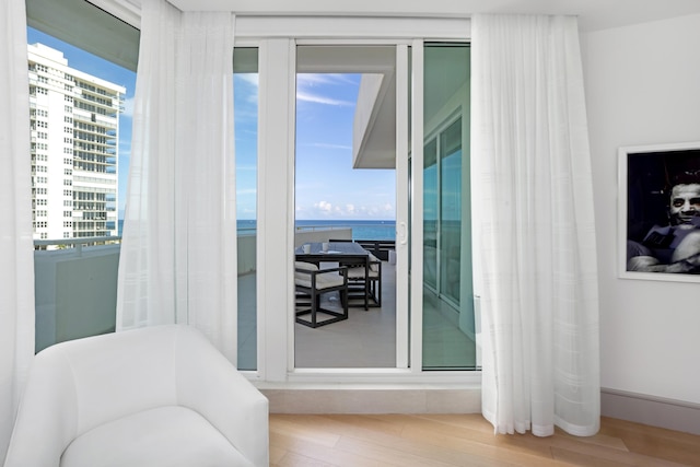 interior space featuring plenty of natural light, a water view, and wood-type flooring