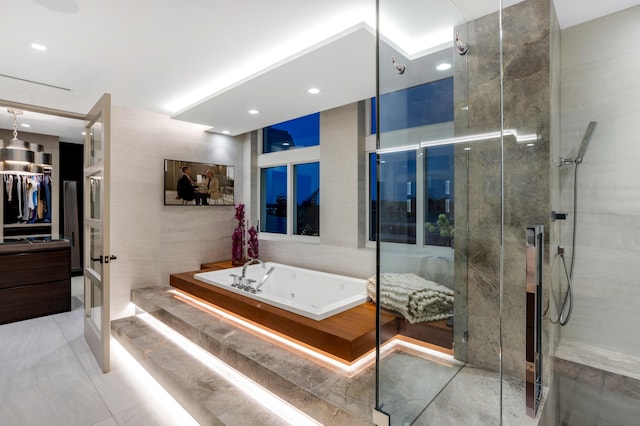 bathroom featuring plus walk in shower