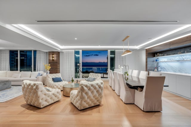 living room featuring light wood-type flooring and a raised ceiling