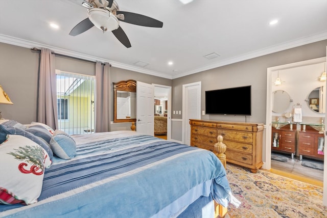 bedroom featuring ceiling fan and ornamental molding