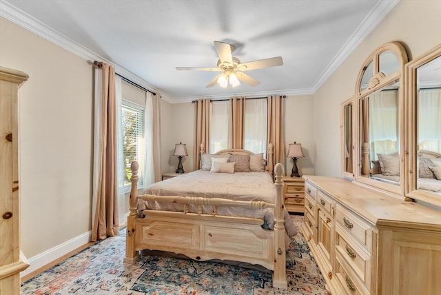 bedroom with ceiling fan, crown molding, and light hardwood / wood-style floors