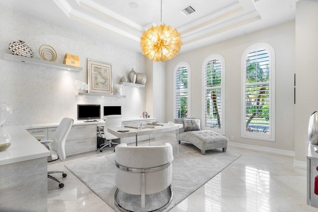 office featuring a raised ceiling, crown molding, and an inviting chandelier