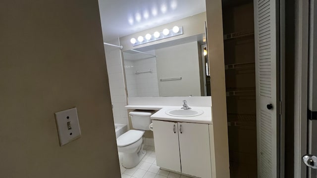 full bathroom with tile patterned flooring, vanity,  shower combination, and toilet