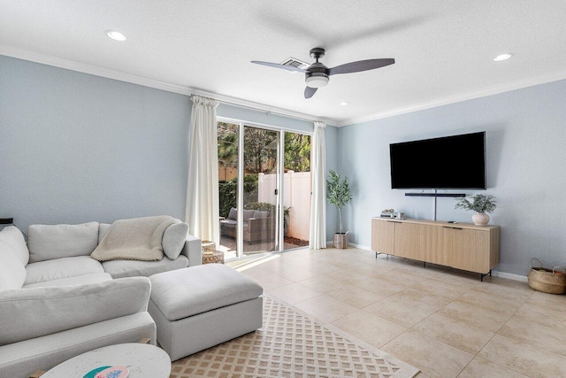 tiled living room featuring ceiling fan and crown molding