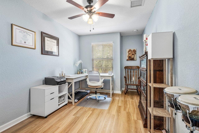 office featuring ceiling fan and light wood-type flooring