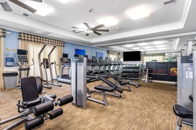 gym with ceiling fan, ornamental molding, carpet floors, and a tray ceiling