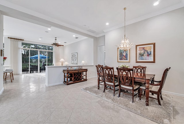 tiled dining room featuring ceiling fan with notable chandelier and ornamental molding