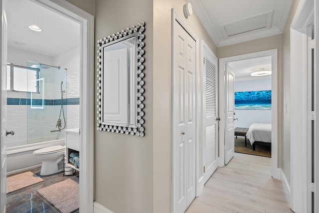 corridor featuring light hardwood / wood-style floors and ornamental molding