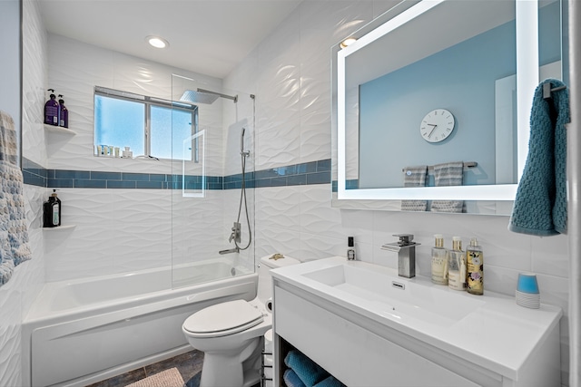 full bathroom featuring backsplash, toilet, tile walls, and tiled shower / bath