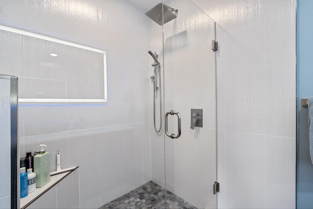 bathroom featuring a shower with door