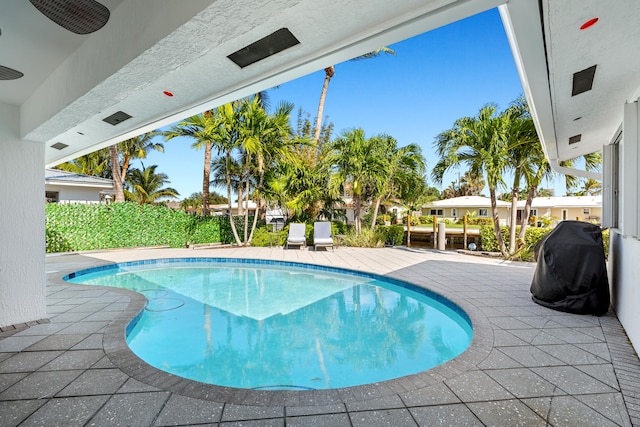 view of pool with ceiling fan, a grill, and a patio