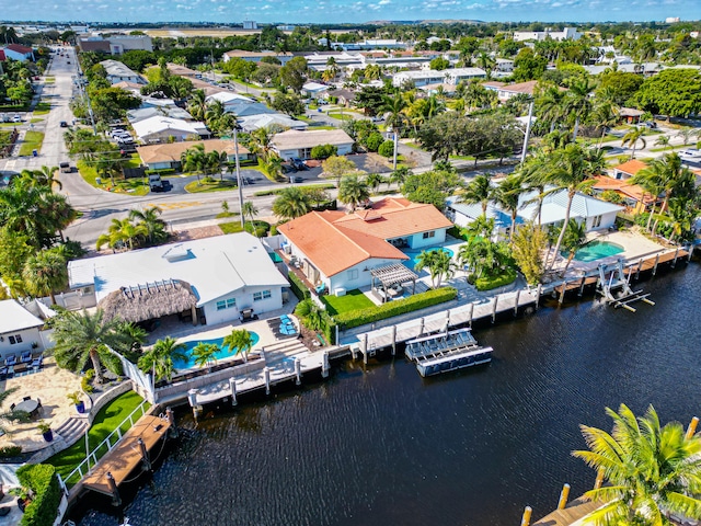 drone / aerial view featuring a water view