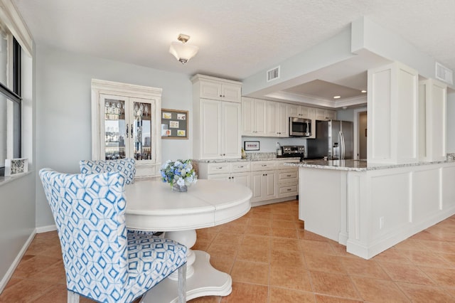 kitchen featuring white cabinetry, a tray ceiling, kitchen peninsula, and appliances with stainless steel finishes