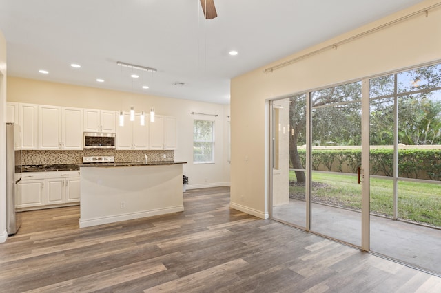 kitchen with dark hardwood / wood-style flooring, hanging light fixtures, white cabinets, and stainless steel appliances