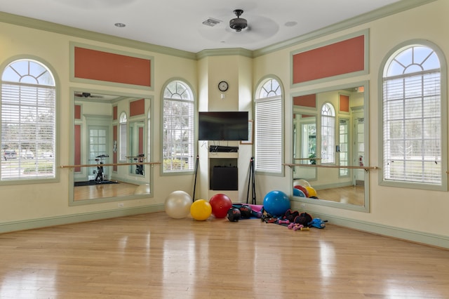 workout area featuring ceiling fan, light hardwood / wood-style flooring, a healthy amount of sunlight, and ornamental molding