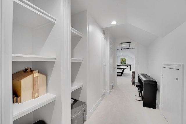 spacious closet with light carpet and lofted ceiling