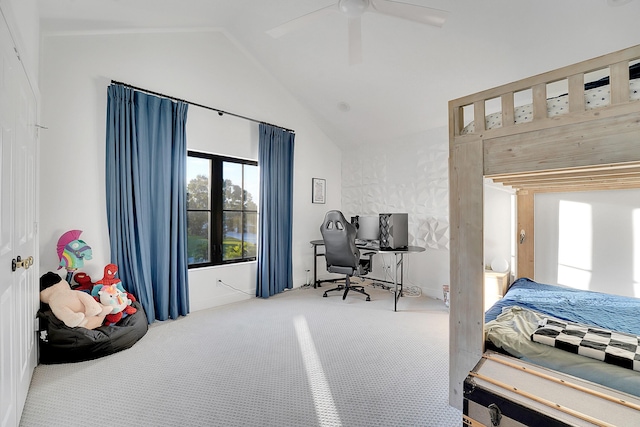 bedroom featuring ceiling fan, lofted ceiling, and carpet floors