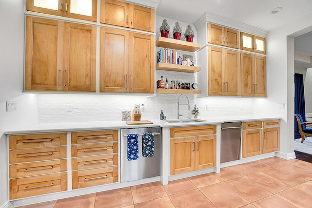 kitchen with tasteful backsplash, dishwasher, sink, and light tile patterned floors