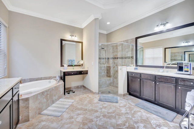 bathroom with vanity, independent shower and bath, and crown molding