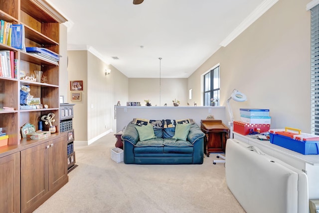 living room featuring an inviting chandelier, light colored carpet, and ornamental molding