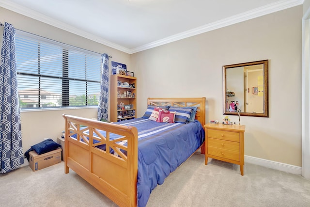 carpeted bedroom with ornamental molding