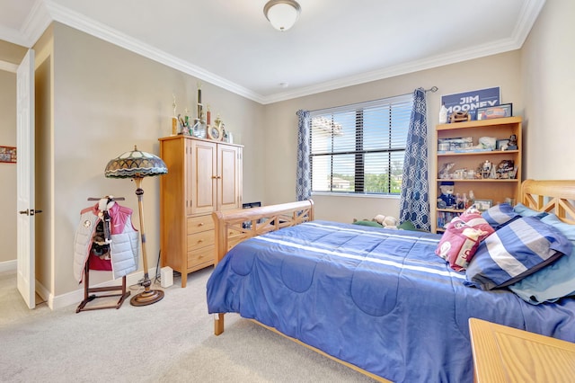 carpeted bedroom with ornamental molding