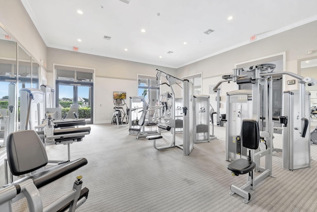 gym featuring crown molding and light carpet