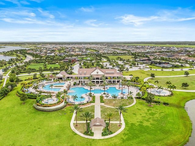 aerial view featuring a water view