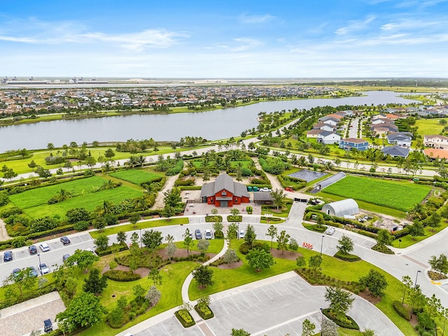 drone / aerial view with a water view