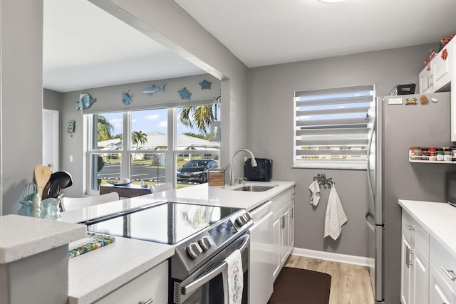 kitchen featuring kitchen peninsula, appliances with stainless steel finishes, light wood-type flooring, sink, and white cabinets