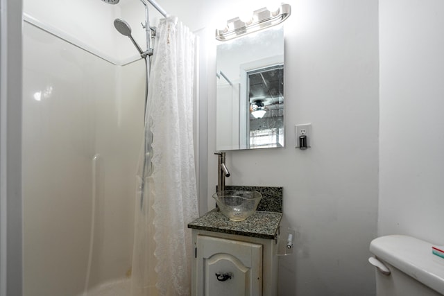 bathroom featuring a shower with curtain, vanity, and toilet